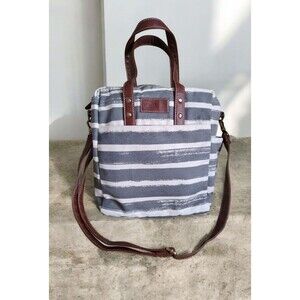 Maika Tote Bag Gray White Stripe Canvas Crossbody Purse Handbag Large Blue Purse